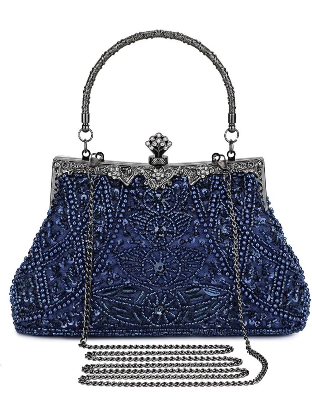 Women Navy Blue Beaded Vintage Rhinestone Bridal Clutch Formal Purse Evening Bag